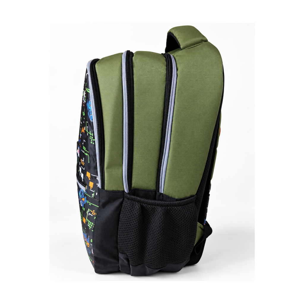 Urban Tech Printed Backpack – Green & Black Multi-Pocket School Bag