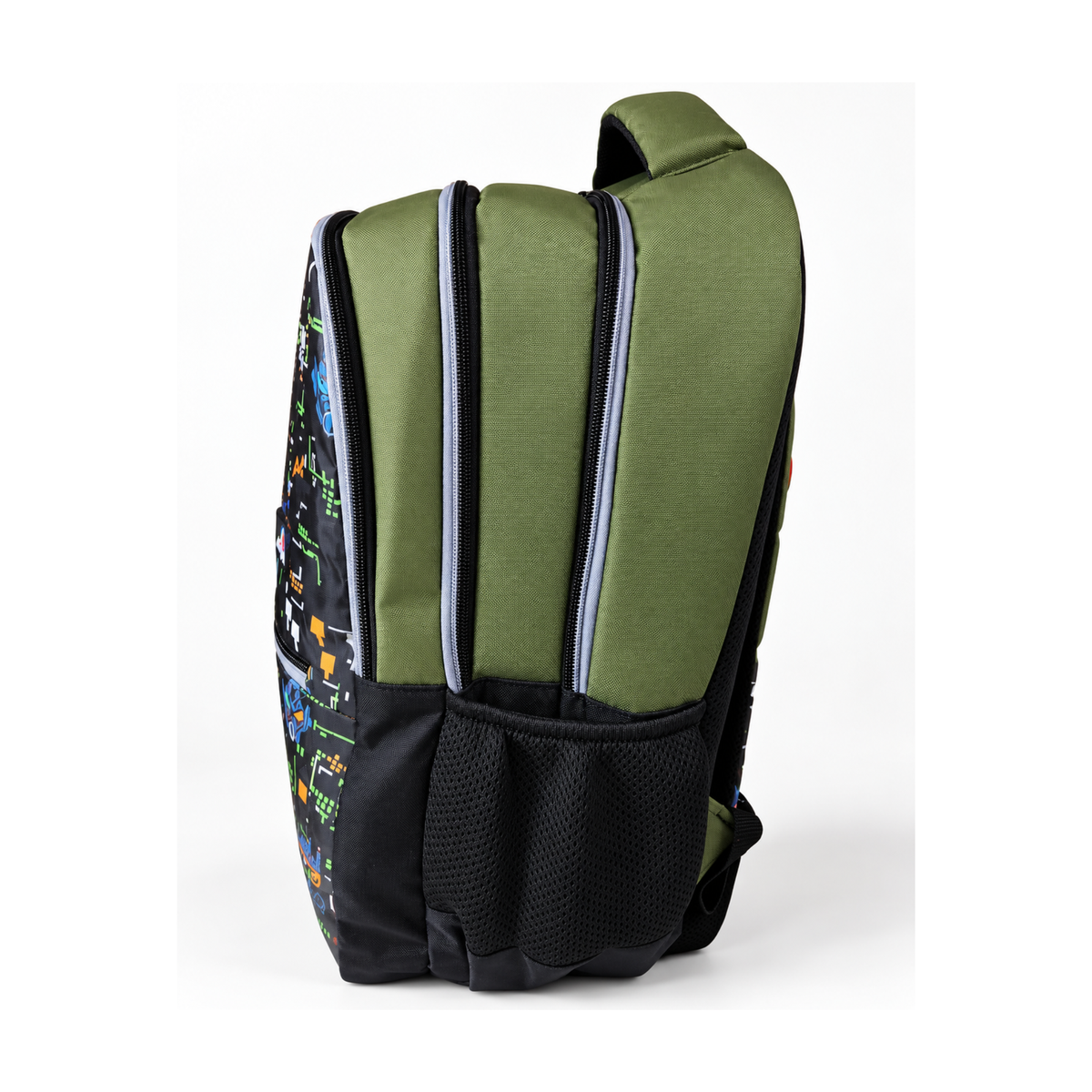 Urban Tech Printed Backpack – Green & Black Multi-Pocket School Bag