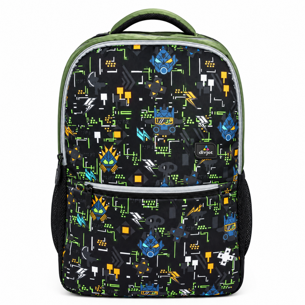 Urban Tech Printed Backpack – Green & Black Multi-Pocket School Bag