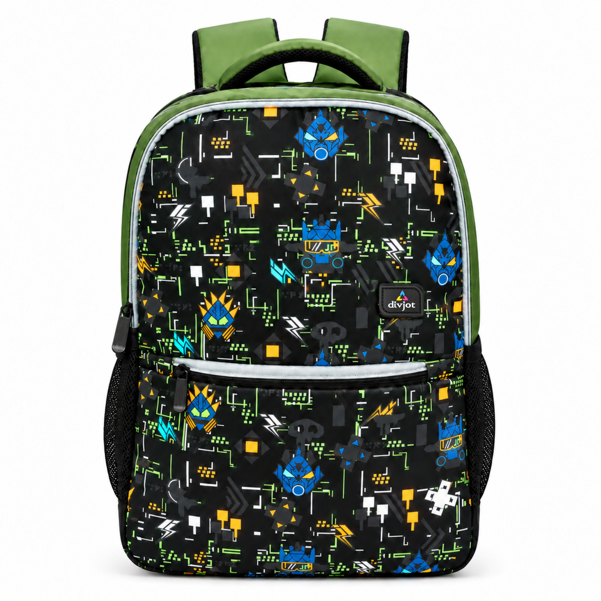 Urban Tech Printed Backpack – Green & Black Multi-Pocket School Bag