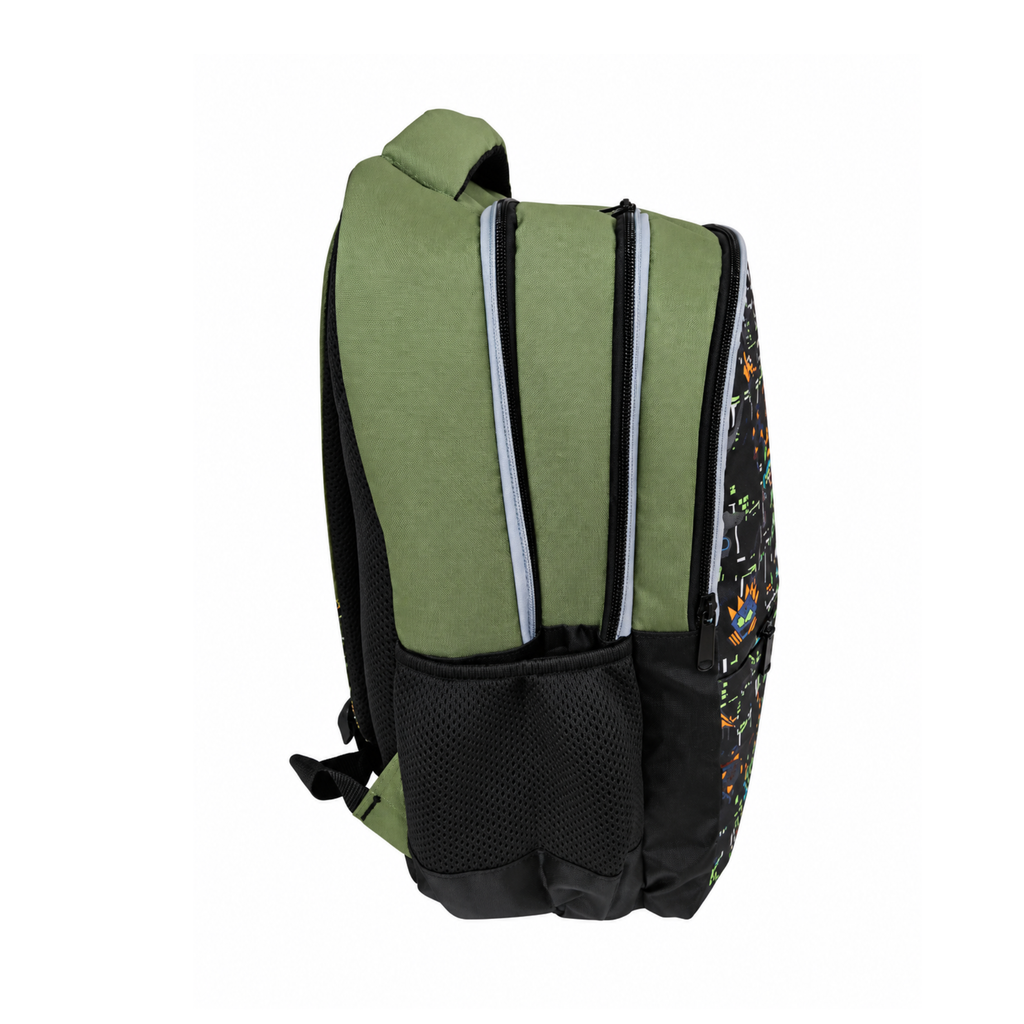Urban Tech Printed Backpack – Green & Black Multi-Pocket School Bag