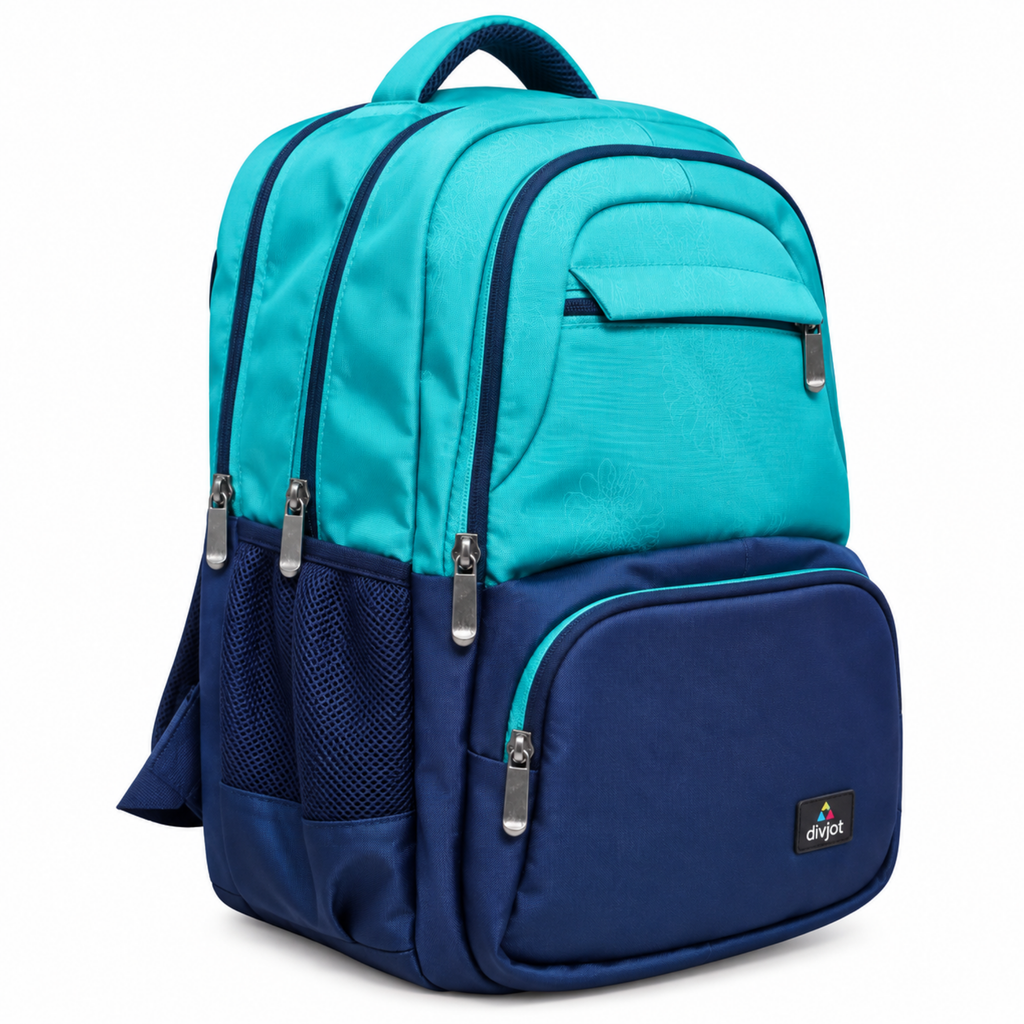 Aqua Bloom Stylish School Backpack – Turquoise & Navy Blue