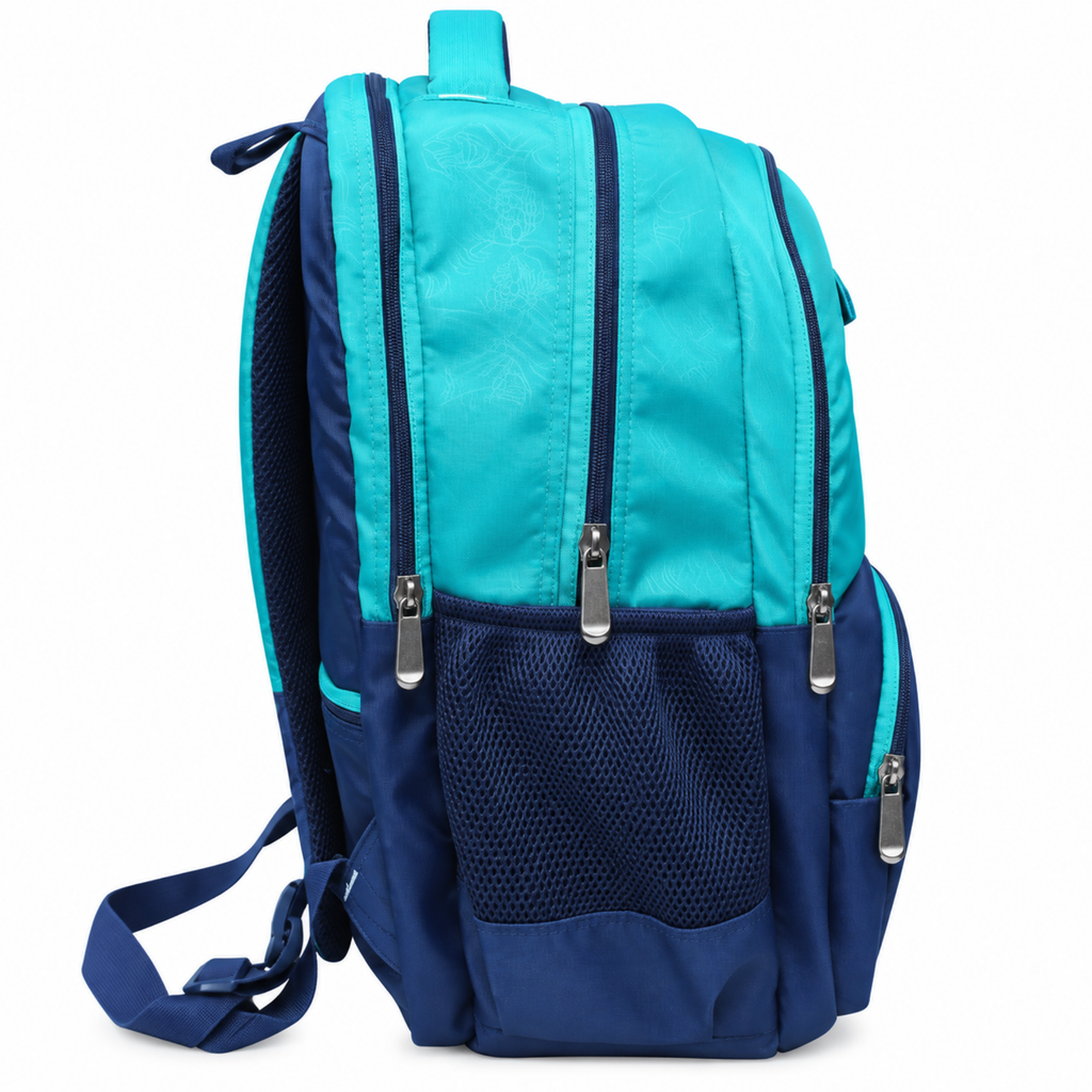 Aqua Bloom Stylish School Backpack – Turquoise & Navy Blue