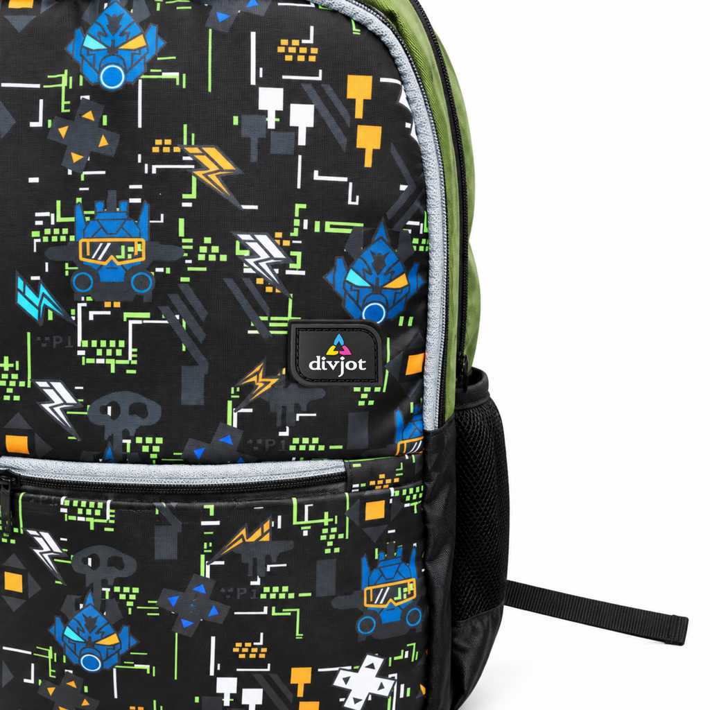 Urban Tech Printed Backpack – Green & Black Multi-Pocket School Bag