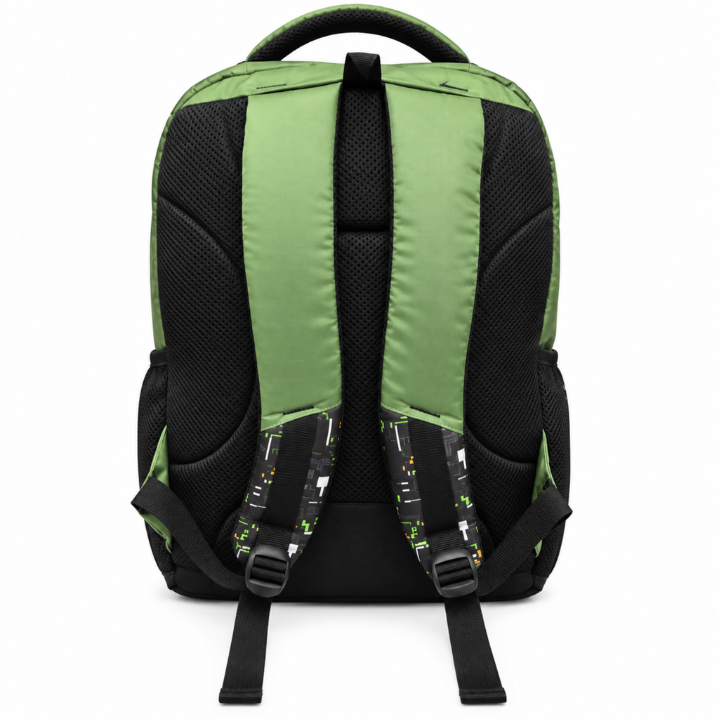 Urban Tech Printed Backpack – Green & Black Multi-Pocket School Bag
