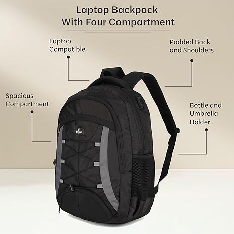divjot Polyester Black Laptop Bag with 2 Compartments - 18.5" Height, Solid Pattern Water Resistant Sturdy Backpack for Business College School Travel,Men Women Casual Daypack,Black (DVJT-LB-3612a)