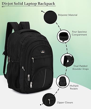 Black School Bag, Stylish & Durable Polyester Fabric with Padding, Comfortable & Spacious Backpack for Boys and Girls, Ideal for School, Travel, and Everyday Use