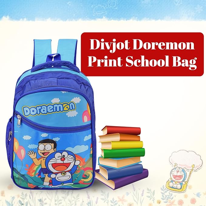 Doraemon Print School Bag with Three Compartments Stylish and Durable Backpack for Kids Perfect for School & Travel