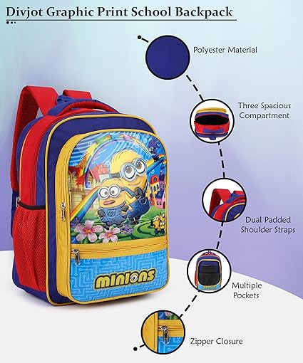 Minion Printed Polyster Fabric with high quality Padding Stylish School Bag, Kids Bag Ideal for UKG Nursery 1st Class