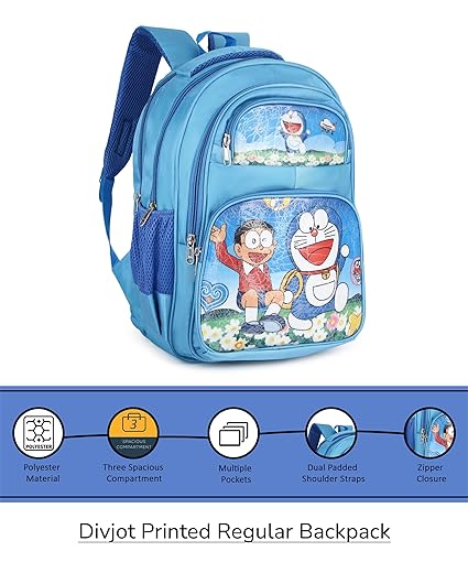 Cute Doraemon Print School Bag with Three Compartment Design for Kids, Perfect for School