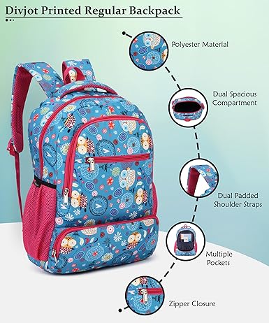 divjot Sky Blue School Bag for Boys & Girls | Stylish Lightweight Backpack with Padded Straps | Durable Polyester Fabric | Spacious & Comfortable for School & Tuition Use (DVJT-SB-3104B)