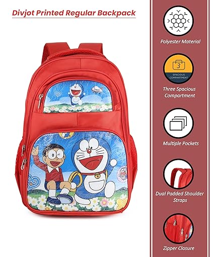 Cute Doraemon Print School Bag with Three Compartment Design for Kids, Perfect for School