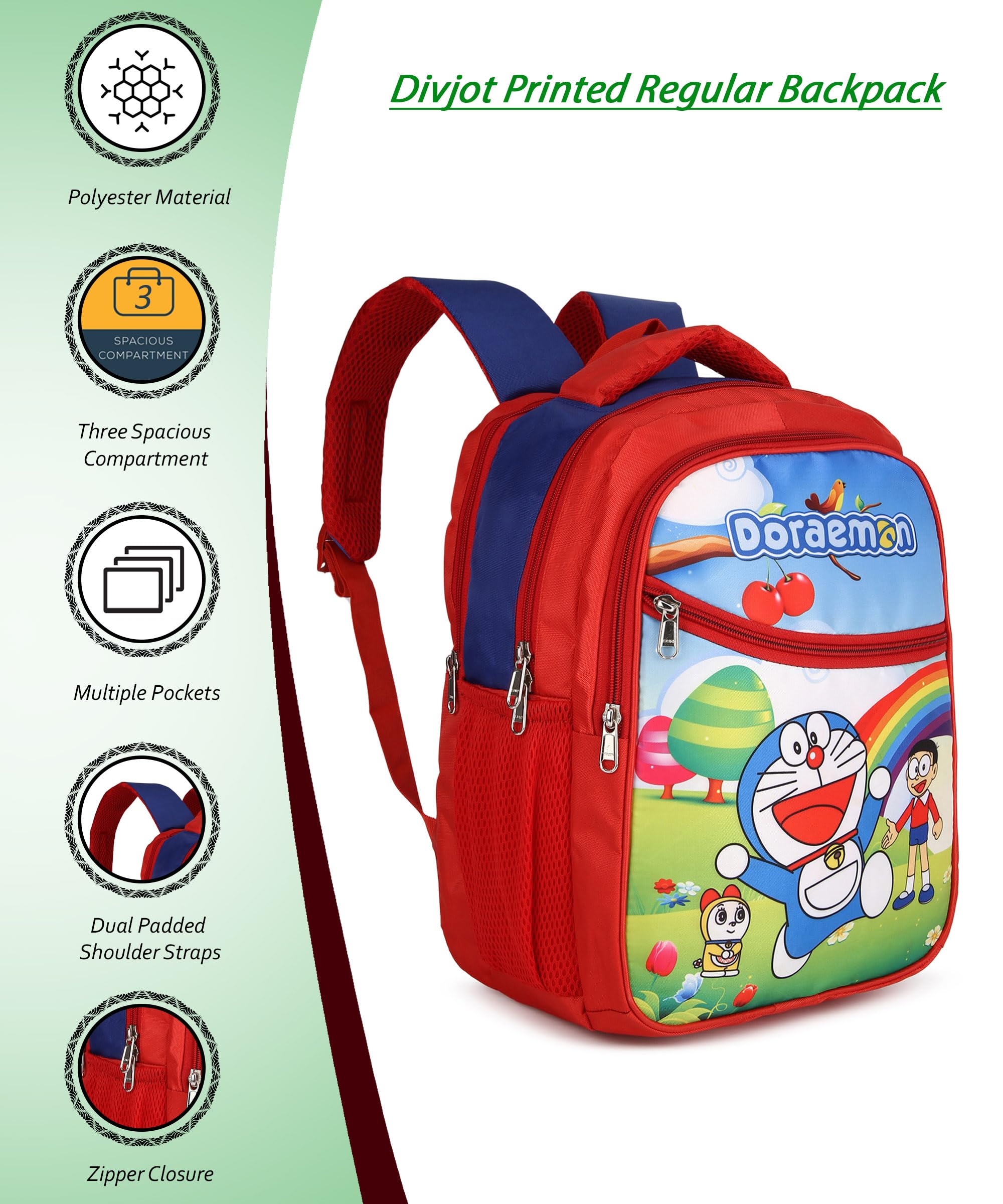Doraemon Print School Bag with Three Compartments Stylish and Durable Backpack for Kids Perfect for School & Travel