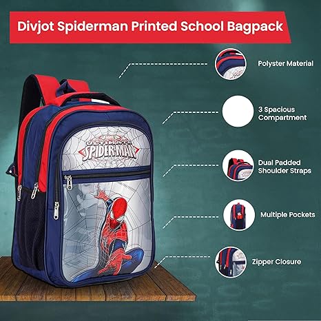 divjot Kids Blue & Red Spiderman Large School Bag For class 3 to 5 (DVJT-SB-3102-SPDRMN)