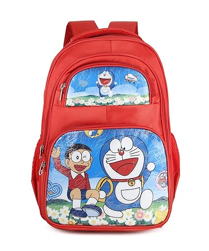 Cute Doraemon Print School Bag with Three Compartment Design for Kids, Perfect for School