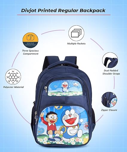 Cute Doraemon Print School Bag with Three Compartment Design for Kids, Perfect for School