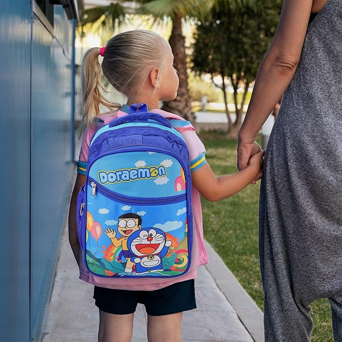 Doraemon Print School Bag with Three Compartments Stylish and Durable Backpack for Kids Perfect for School & Travel
