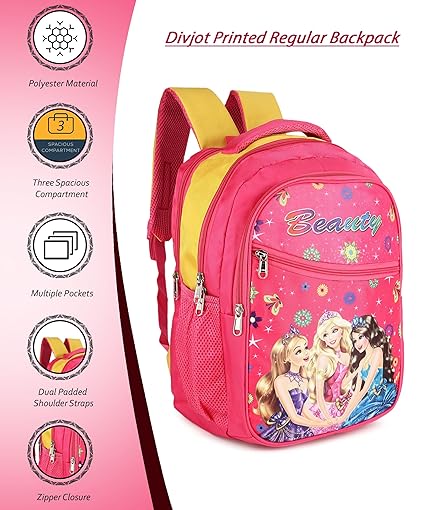 Charming Barbie Princess Print School Bag with Three Compartment Durable Design for Girls, Perfect for School