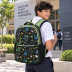 Urban Tech Printed Backpack – Green & Black Multi-Pocket School Bag