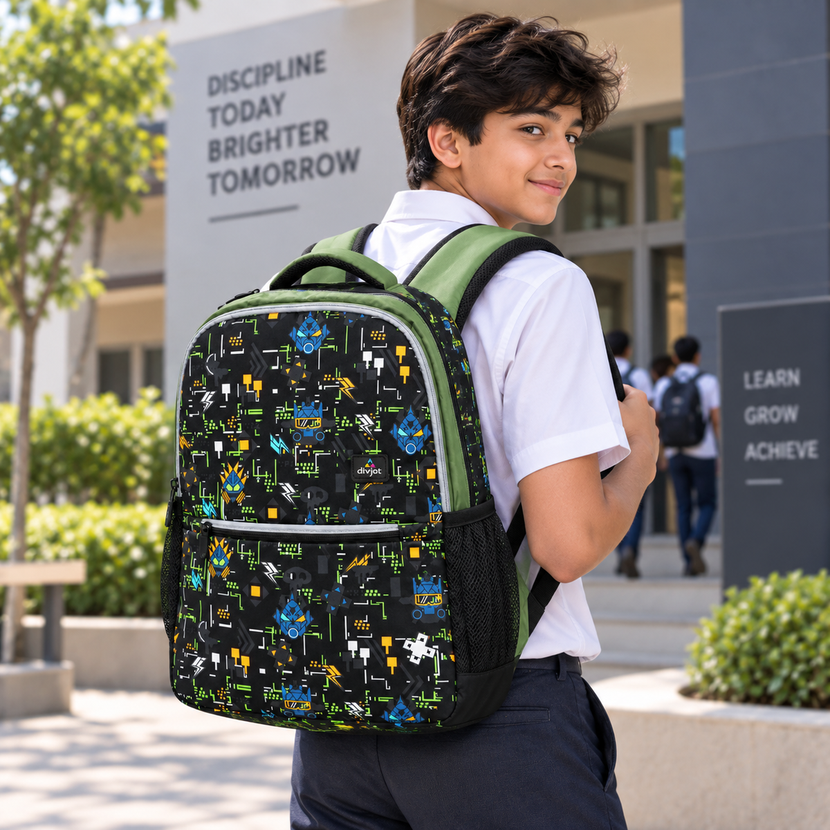 Urban Tech Printed Backpack – Green & Black Multi-Pocket School Bag