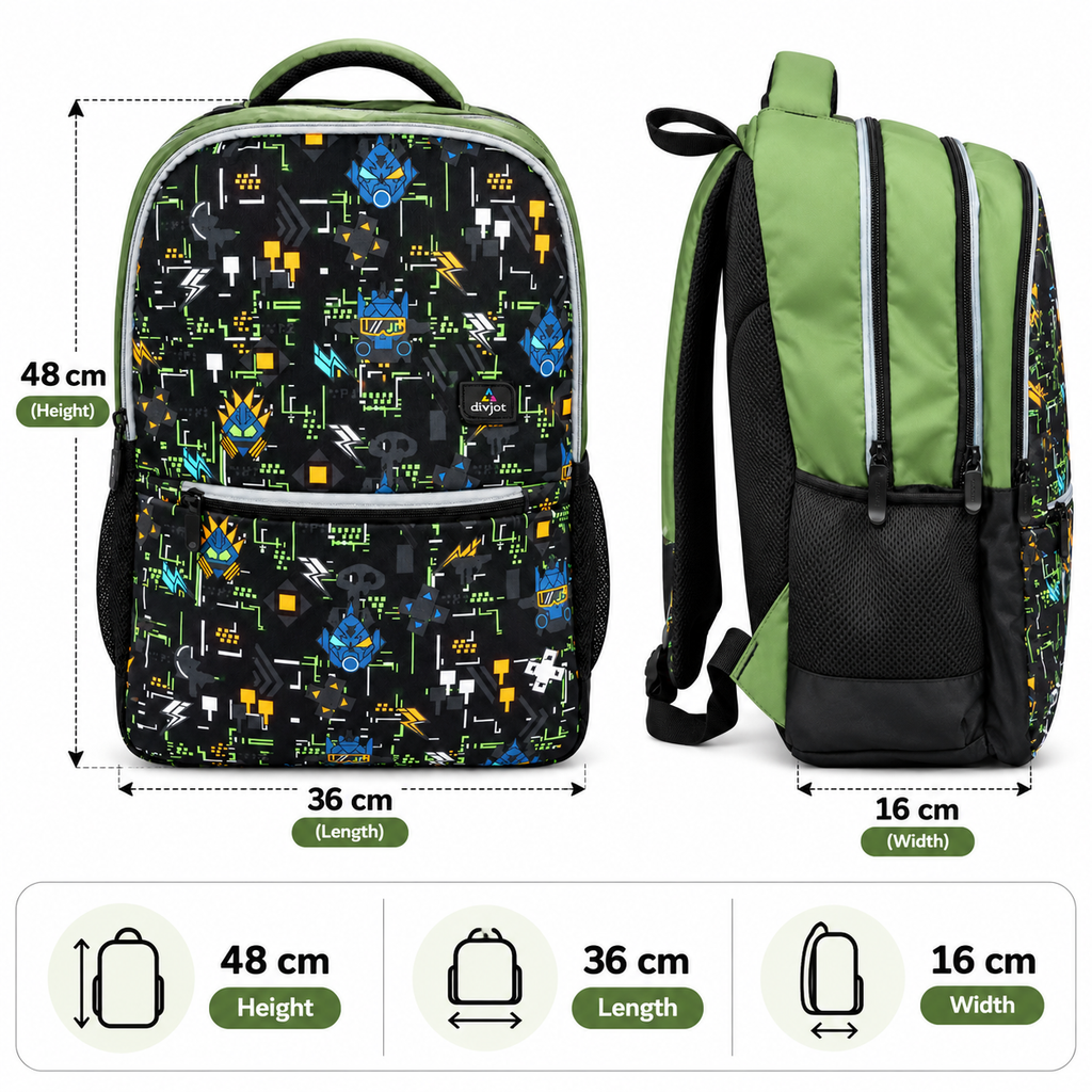 Urban Tech Printed Backpack – Green & Black Multi-Pocket School Bag
