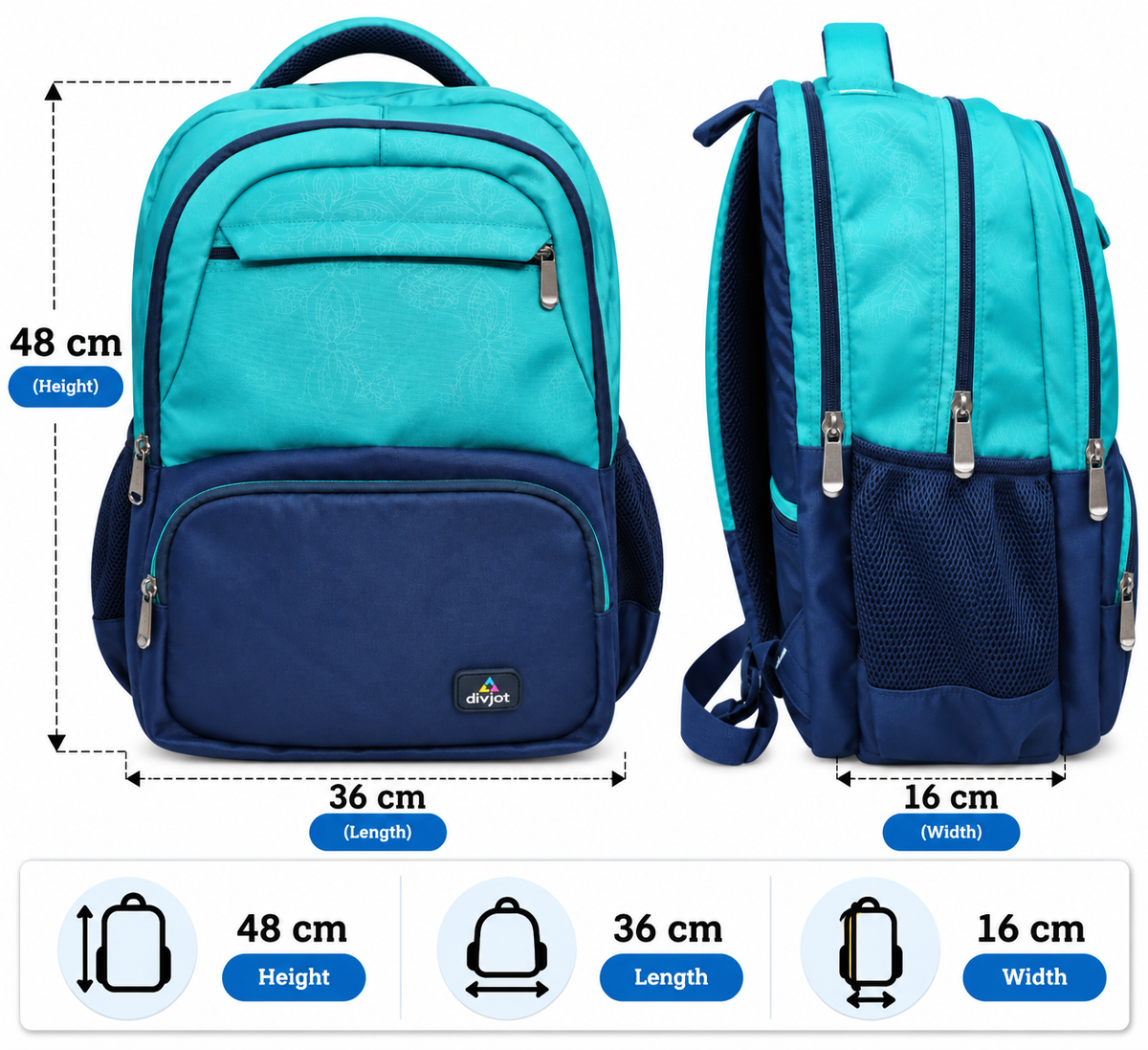 Aqua Bloom Stylish School Backpack – Turquoise & Navy Blue