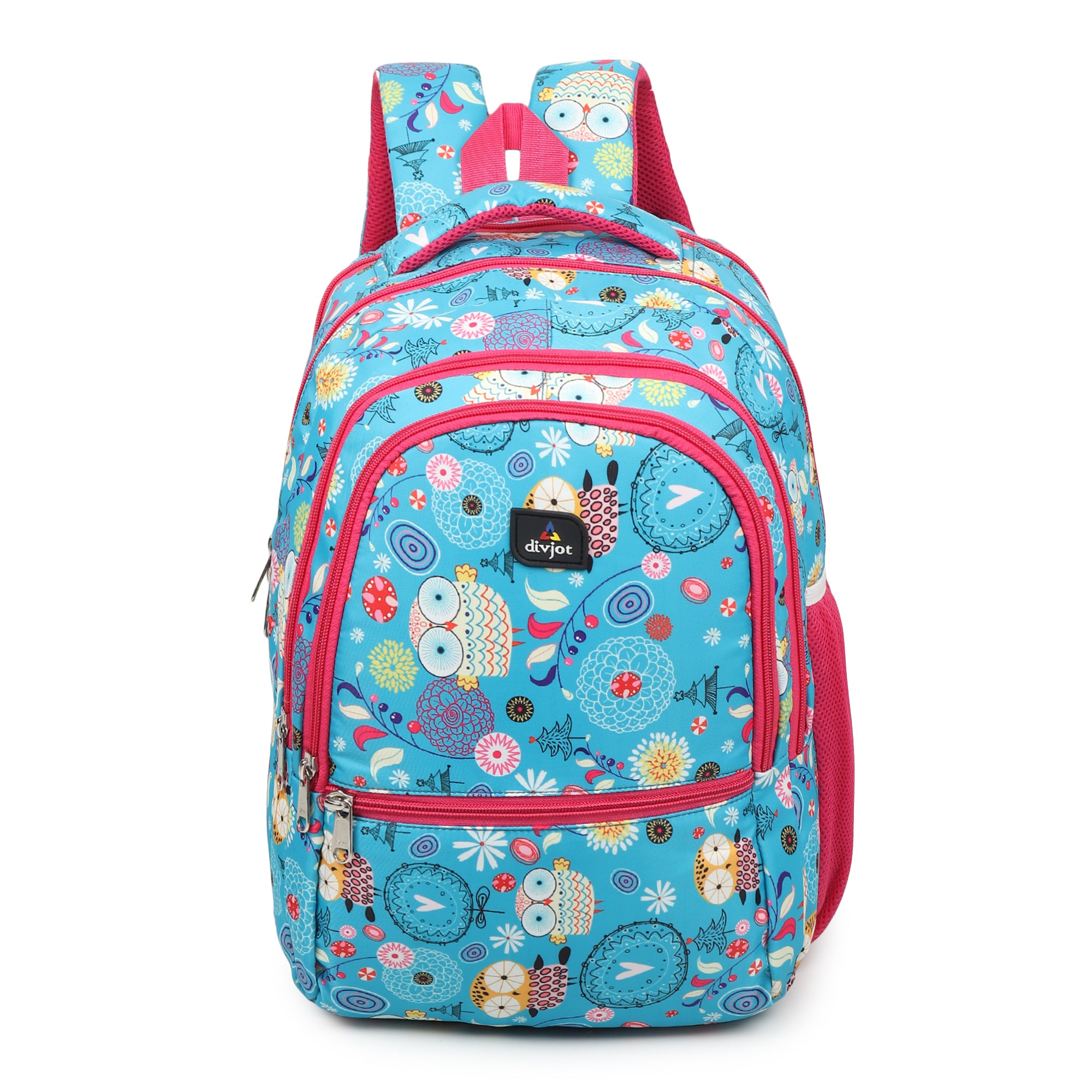 Divjot Kids Printed School Backpack – Cute Owl & Floral Design, Lightweight, Multi-Compartment Bag for Girls (Peacock Blue & Pink)