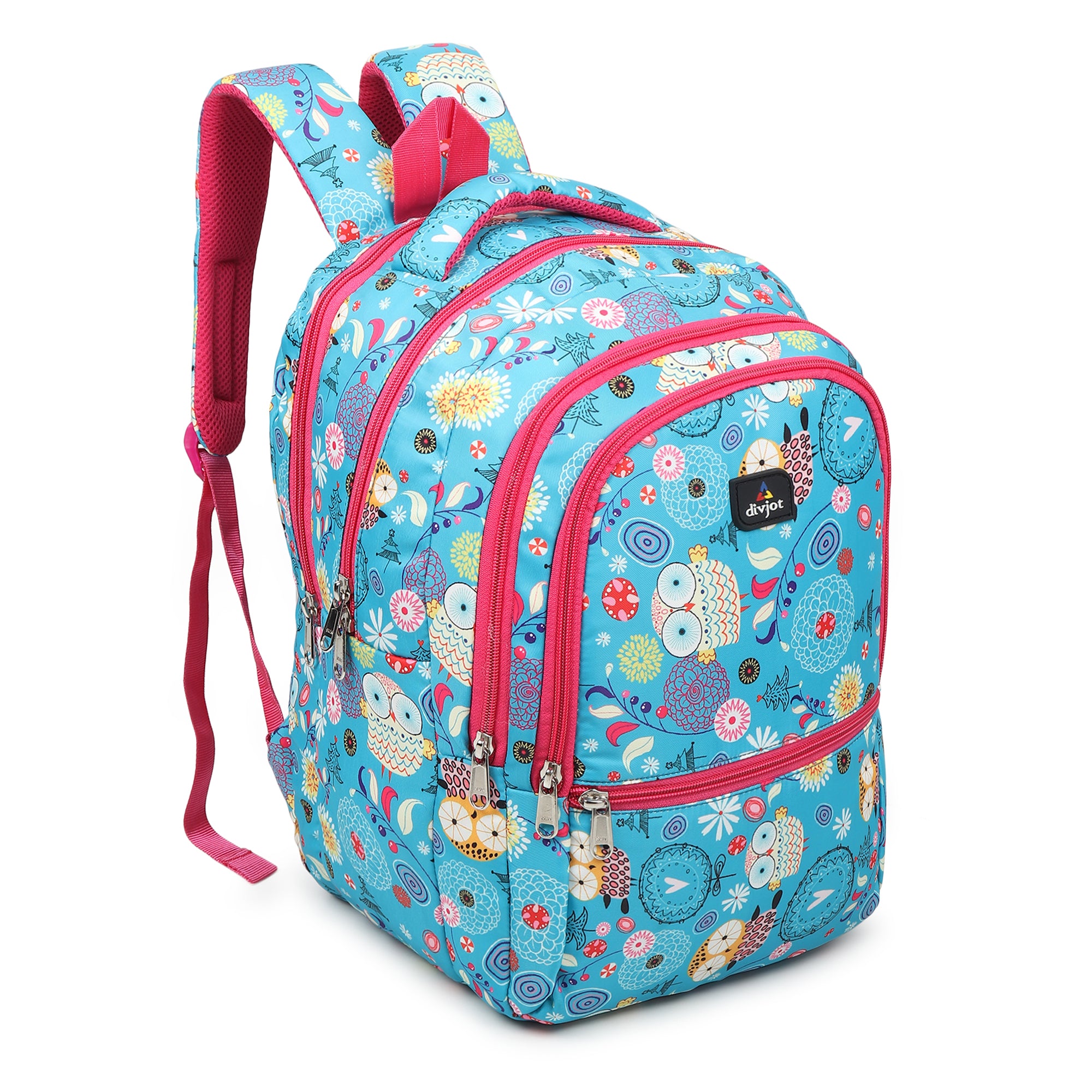 Divjot Kids Printed School Backpack – Cute Owl & Floral Design, Lightweight, Multi-Compartment Bag for Girls (Peacock Blue & Pink)