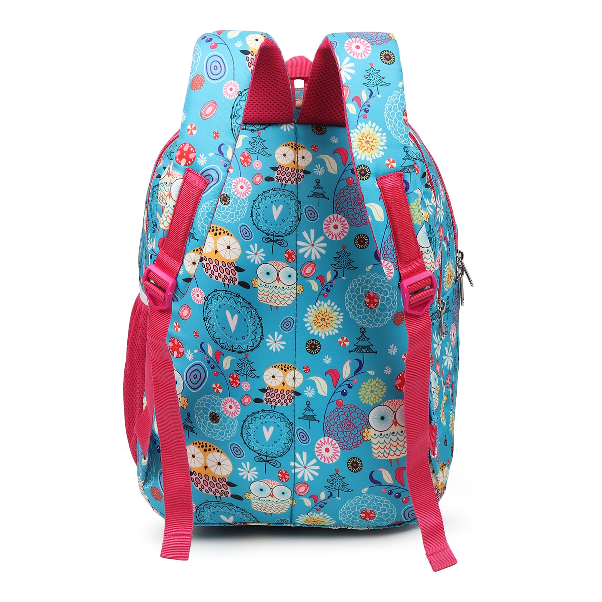 Divjot Kids Printed School Backpack – Cute Owl & Floral Design, Lightweight, Multi-Compartment Bag for Girls (Peacock Blue & Pink)