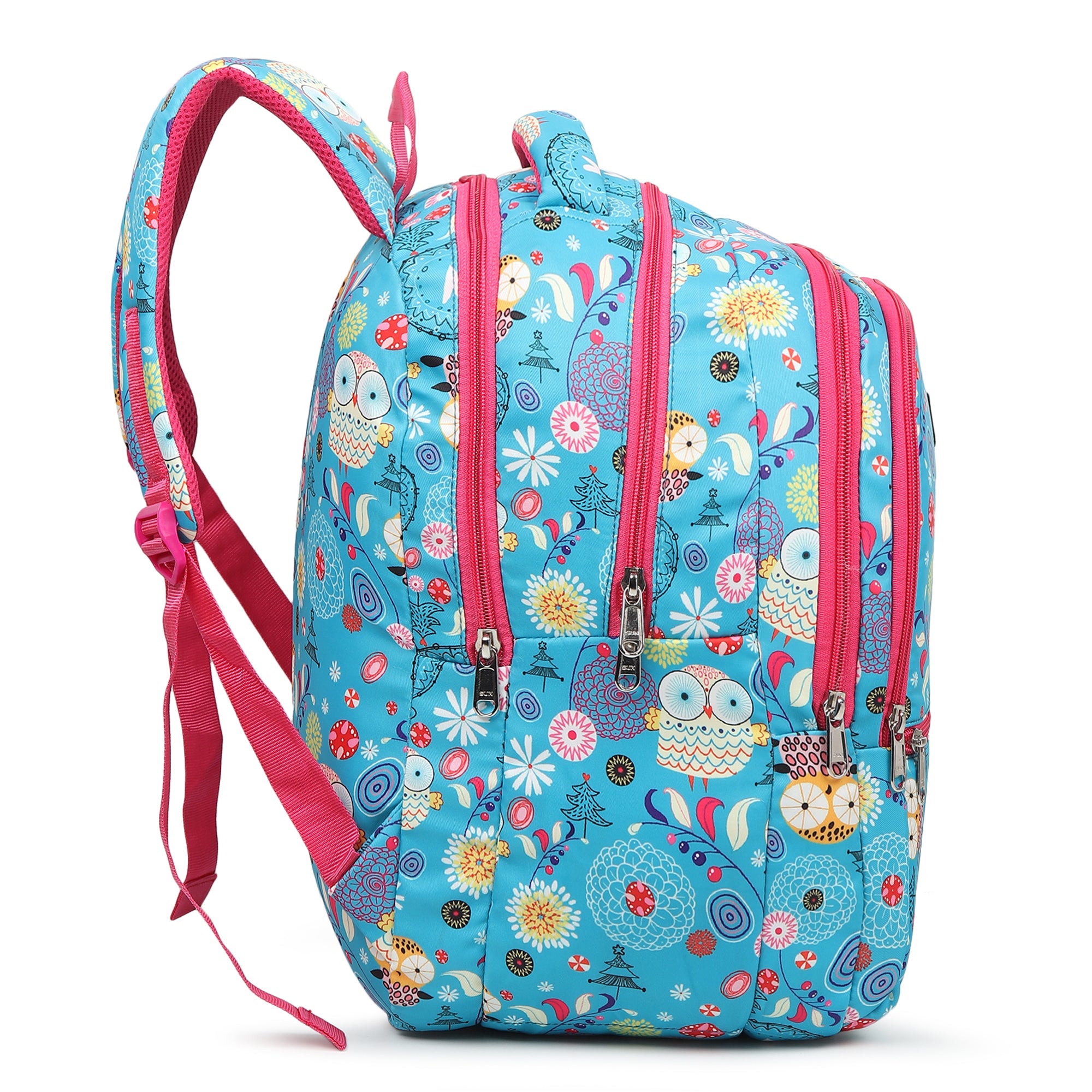 Divjot Kids Printed School Backpack – Cute Owl & Floral Design, Lightweight, Multi-Compartment Bag for Girls (Peacock Blue & Pink)
