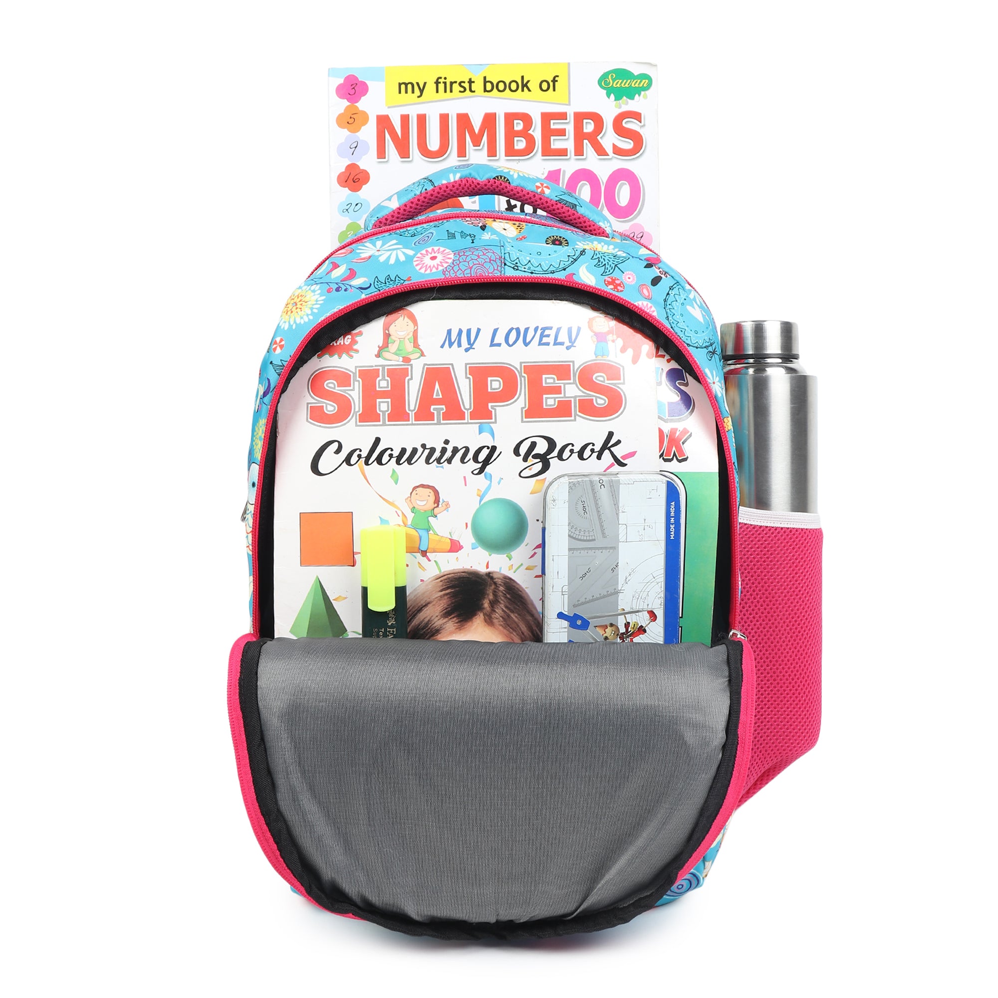 Divjot Kids Printed School Backpack – Cute Owl & Floral Design, Lightweight, Multi-Compartment Bag for Girls (Peacock Blue & Pink)