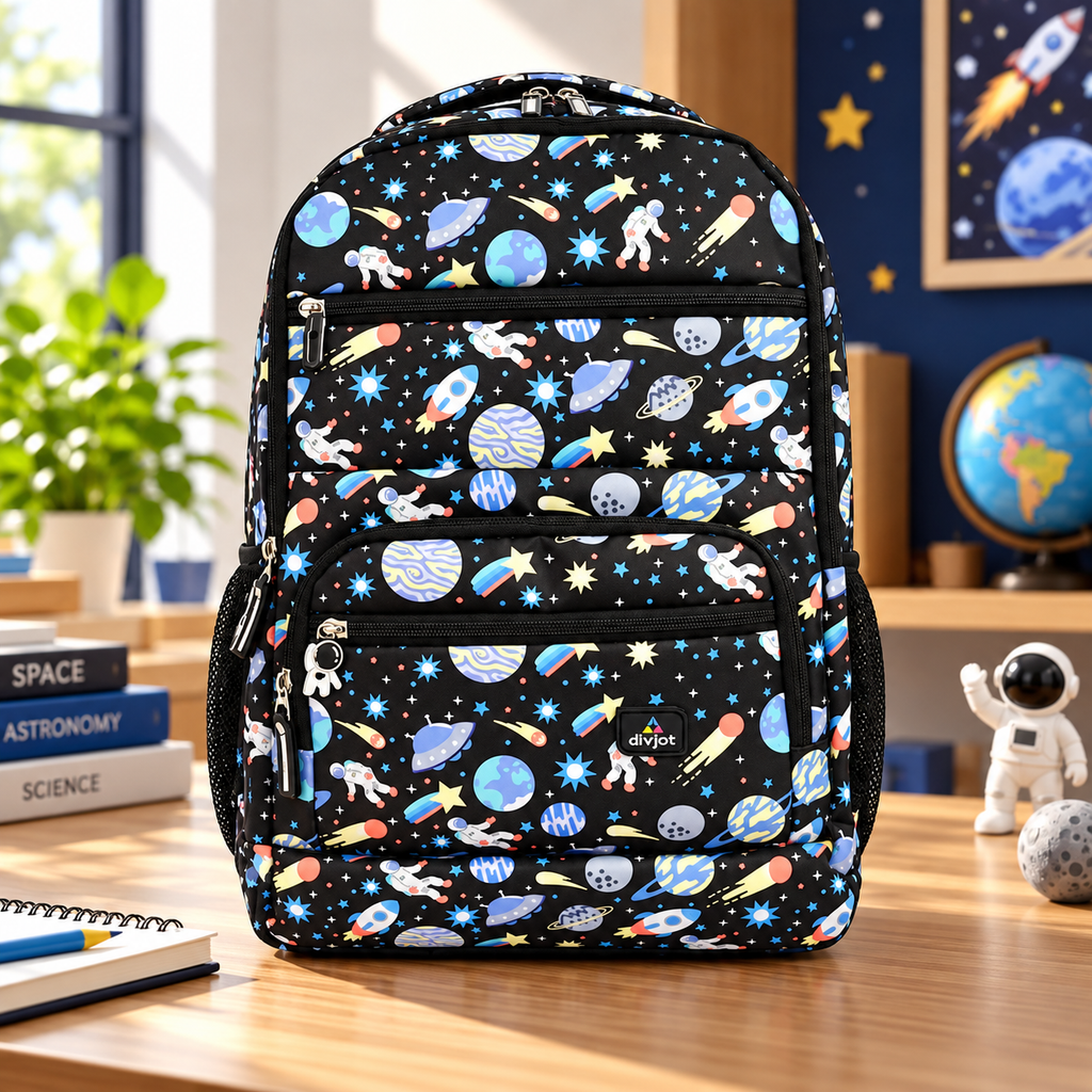 Black Space shutter Print School Backpack with Multi Compartments