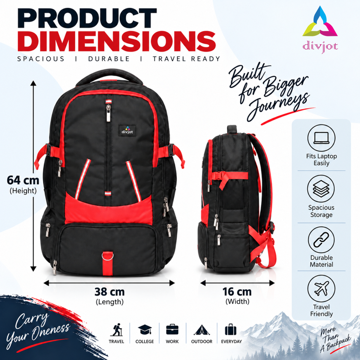 Travel Backpack for Men & Women | Stylish & Spacious Backpack for Trips & Journeys | Black & Red