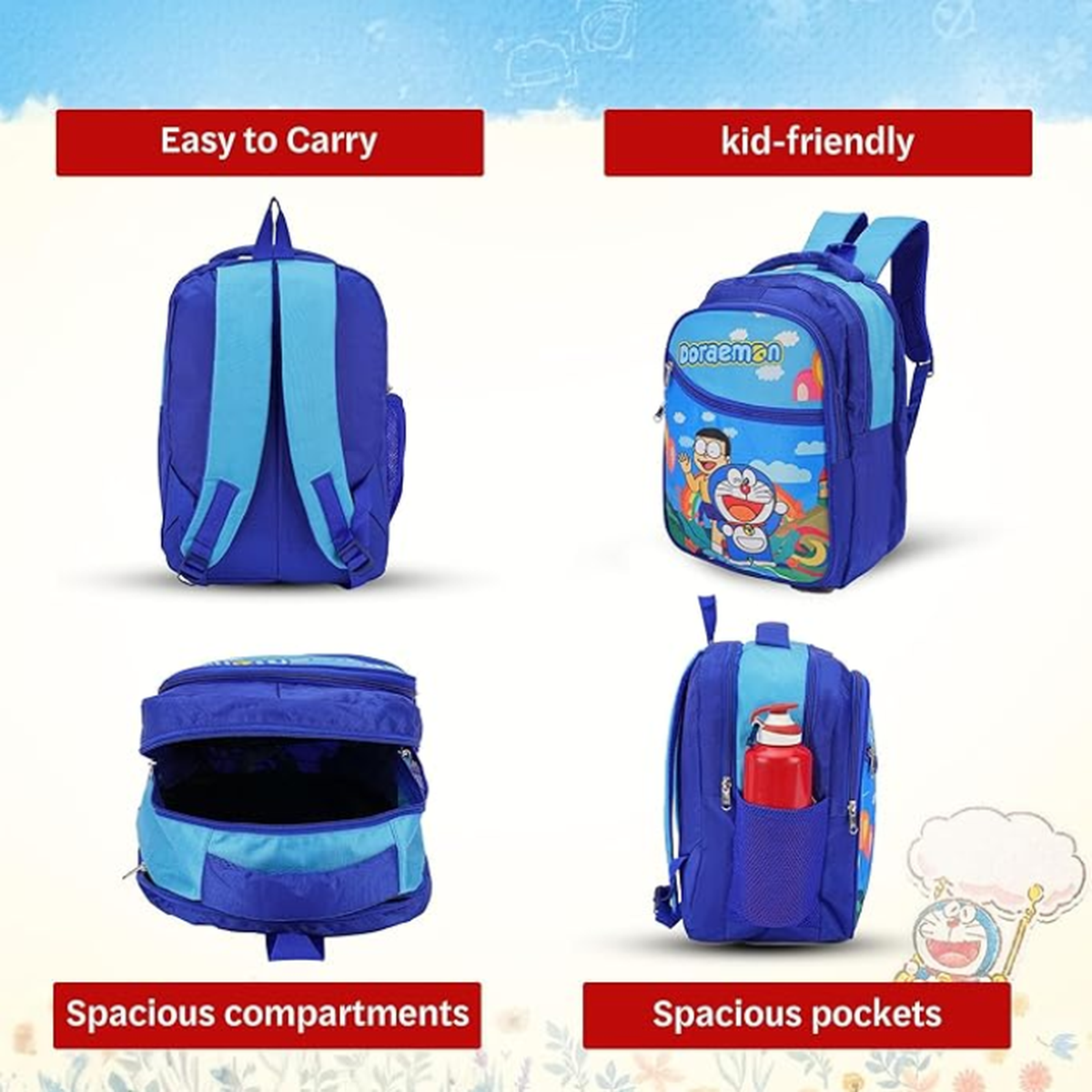 Doraemon Print School Bag with Three Compartments Stylish and Durable Backpack for Kids Perfect for School & Travel